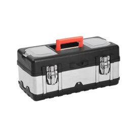 Portable Hardware Tool Case with Double Metal Latches, Top Small Parts Tray & Red Carry Handle for Auto Workshop Repair.