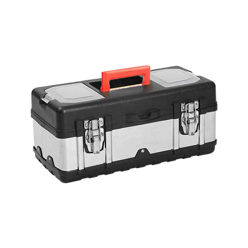 Portable Hardware Tool Case with Double Metal Latches, Top Small Parts Tray & Red Carry Handle for Auto Workshop Repair.