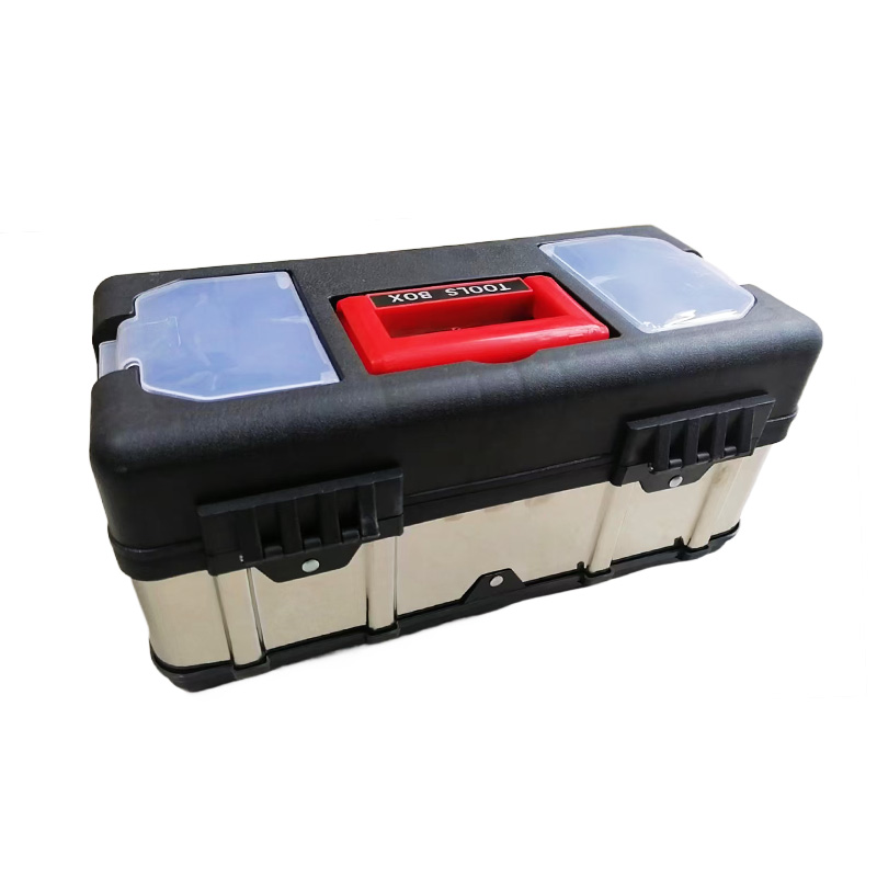 Portable Hardware Tool Case with Double Metal Latches, Top Small Parts Tray & Red Carry Handle for Auto Workshop Repair. - Image 2
